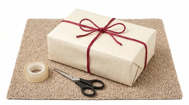 Wrapped gift box with scissors and tape for family game of secrecy and surprise on textured carpet. Craft paper parcel tied with red string ready for holiday wrapping context.