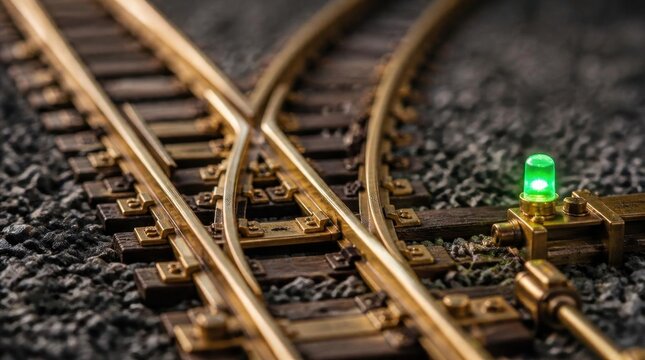 Model railway track junction closeup with glowing green signal light and ballast texture.