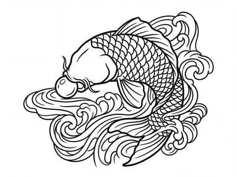 Koi tatto vektor illustration of traditional japanese fish in waves