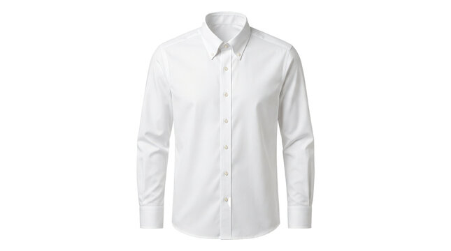 Button-down shirt with crisp cotton fabric, structured collar, full front button placket, long sleeves, and a clean tailored silhouette. Photorealistic studio apparel photography, straight-on front