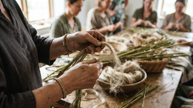 Hands of a craftsperson processing natural fibers for weaving or basketry at a workshop