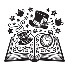 Obraz premium Open Magic Book Vector Illustration with Top Hat Teacup Pocket Watch and Stars