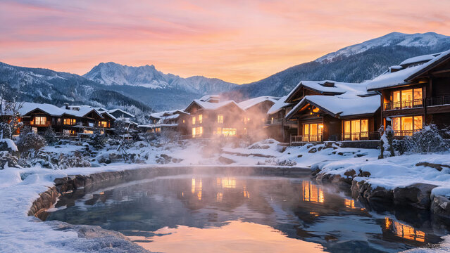 Wooden chalets glow warmly at dusk beside a steaming hot spring, set against snow-capped mountains in a winter landscape.