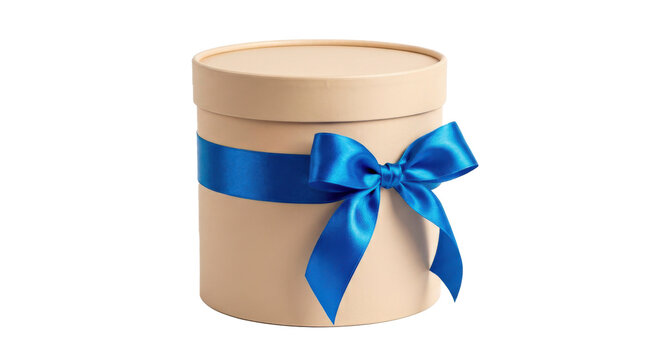 Round beige gift box with a smooth rigid finish and a bright blue satin ribbon bow, styled as an elegant premium present package. Photorealistic studio photography, 3/4 front view, vertical