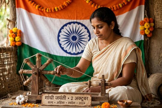 Happy Gandhi Jayanti 2nd October celebration with Indian flag and charkha tribute