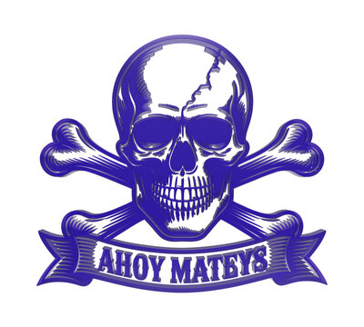 Isolated purple threedimensional pirate skull and crossbones icon with banner transparent background