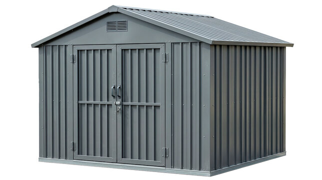 Tall gray metal garden shed with rectangular structure, double front doors, pitched roof and durable corrugated-panel construction, practical outdoor storage building; photorealistic