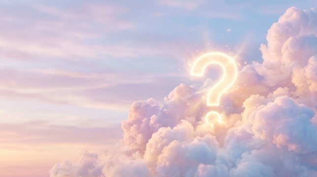A radiant question mark floats within a dreamy sky filled with fluffy, pink and peach clouds. A golden glow emanates from the question mark, creating a magical and ethereal atmosphere.