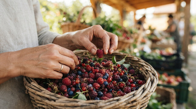 Person picking fresh raspberries and blueberries from a woven basket at an outdoor market stall