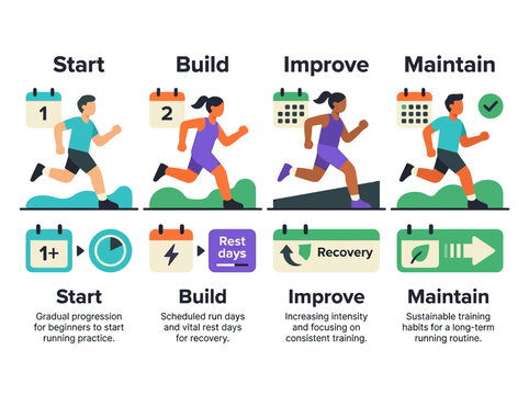 Infographic showing runner training progression steps from start to maintain with exercise routine tips and recovery advice in flat vector style
