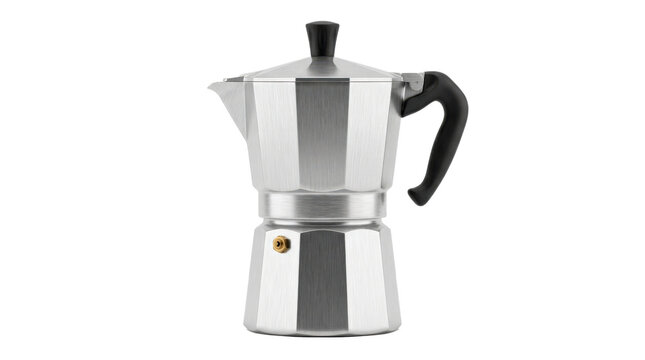 Stovetop moka pot made from brushed aluminum, faceted octagonal body, black handle and classic Italian coffee-maker shape; photorealistic product photography, front 3/4 view, vertical orientation,