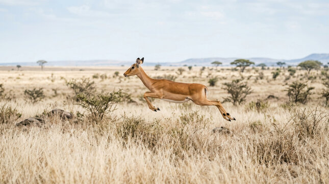 An impala leaps gracefully through the dry golden grasslands of the African savanna landscape