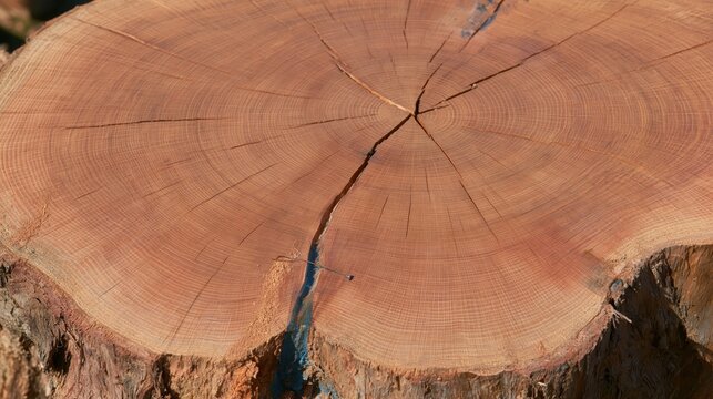 Tree stump cross-section with crack and blue material