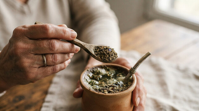 Elderly hands preparing traditional yerba mate drink with dried herbs and a bombilla straw