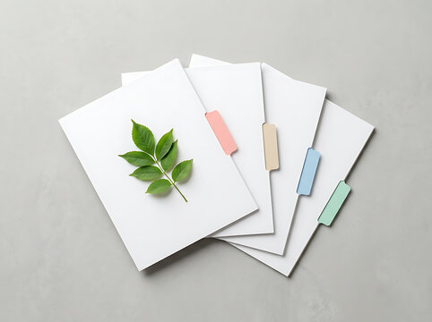 Set of clean office folders with colorful index tabs and leaf