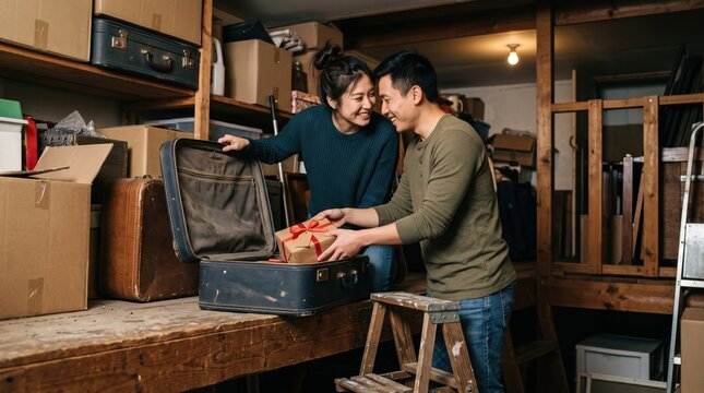 Asian couple smiling while hiding wrapped gift in suitcase during family game of secrecy. Wooden workbench background with stacked cardboard boxes and vintage luggage pieces.