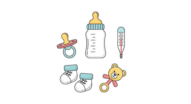 Cute baby care icons set with bottle pacifier and toys