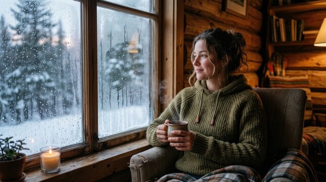 Woman holding hot cup of coffee by a rainy wooden cabin window in a cozy interior.