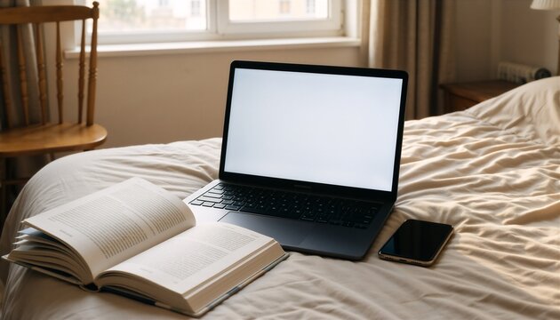 Freelancer working remotely on a laptop on a bed, surrounded by a book and smartphone in a cozy room.