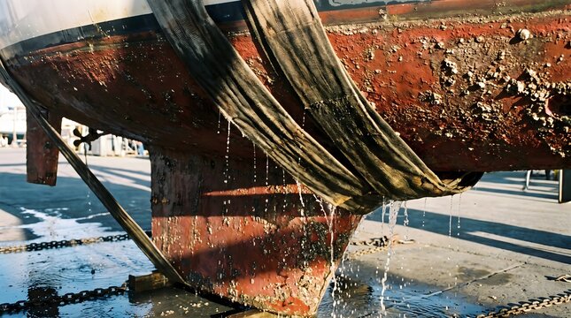 Boat hull with barnacles lifted by straps in shipyard