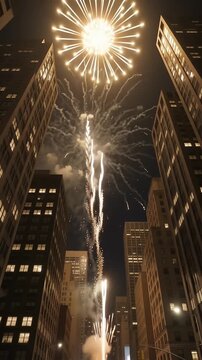 Colorful fireworks exploding above tall urban city skyscraper buildings during a night celebration