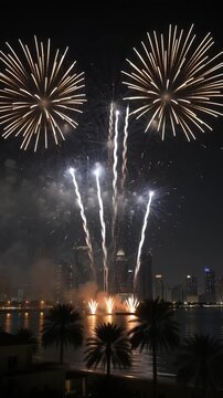 Golden fireworks bursting over coastal city skyline at night during public outdoor celebration