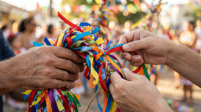 Hands tying colorful ribbons together in a festive outdoor celebration with blurred people in the background