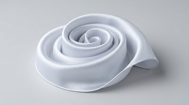 Elegant white satin ribbon arranged in a delicate spiral pattern on a smooth gray background suitable for design projects and