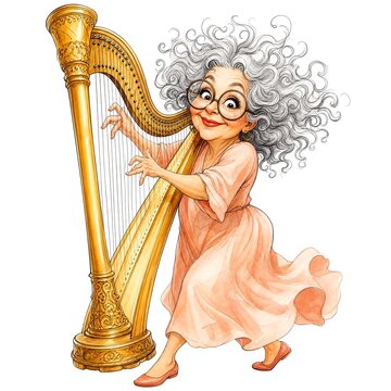 Grandma Strumming Golden Harp with Hair Flying