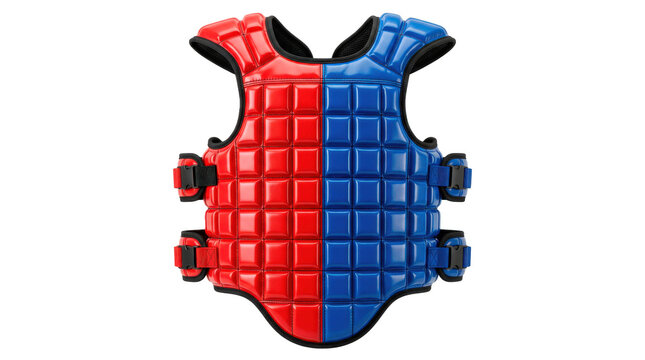 Taekwondo chest protector featuring a reversible red and blue glossy vinyl surface with dense segmented foam padding. Photorealistic, front view, vertical orientation, ultra-high-resolution 8K, on a