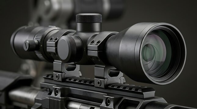 Professional telescopic sight and optical scope mounted on a tactical rifle for precision long-range shooting and hunting
