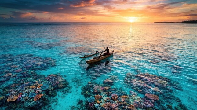 A solitary man paddles a traditional outrigger canoe across a vibrant turquoise sea. The canoe is positioned over a stunning coral reef, visible beneath the clear water.