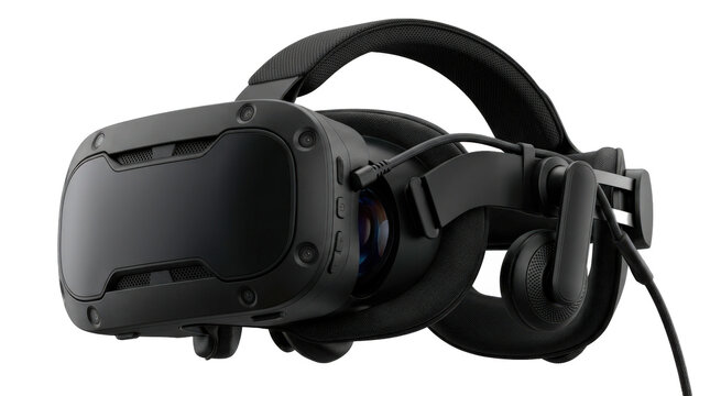 VR headset with large enclosed face visor, broad front panel, cushioned facial interface, adjustable head straps, and immersive virtual-reality hardware design. Photorealistic, front 3/4 view,