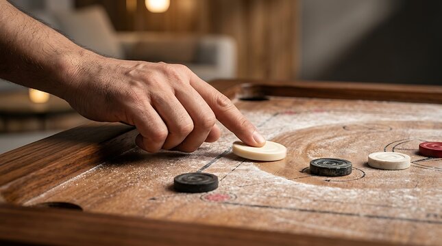 Focused hand playing carrom, skillfully flicking a striker across the wooden board, illustrating strategic thinking and enjoyable leisure in this classic indoor game