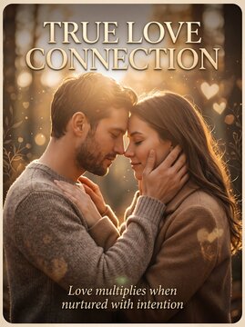 Intimate couple sharing romantic true love connection in soft golden forest light.