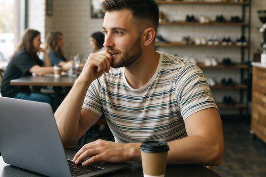 Man working remotely in a cafe, embodying the digital nomad lifestyle while focused on his laptop.