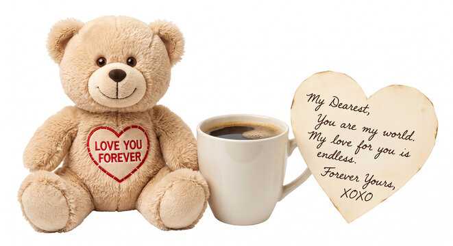 Adorable teddy bear with a mug of coffee and a heartshaped love note
