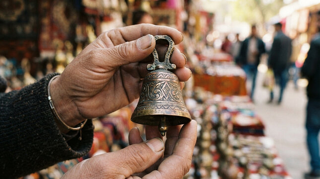 Close up of hands holding an ornate brass bell at a bustling outdoor market stall