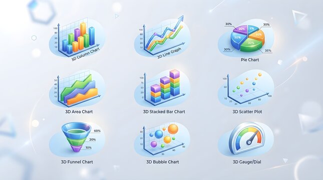 3D Data Visualization Chart Set with Column, Line, Pie, Area, Funnel, Scatter Plot, and Gauge Icons