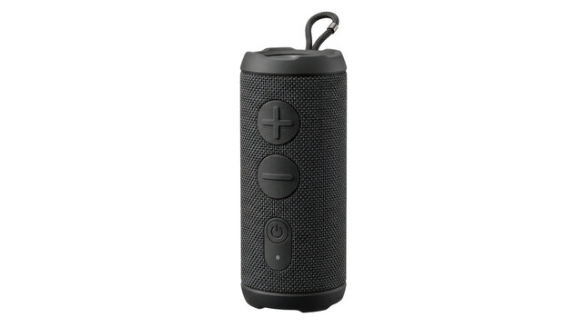 Portable Bluetooth speaker with a durable cylindrical body wrapped in tight acoustic fabric, featuring large rubberized volume buttons. Photorealistic, front 3/4 view, vertical orientation,