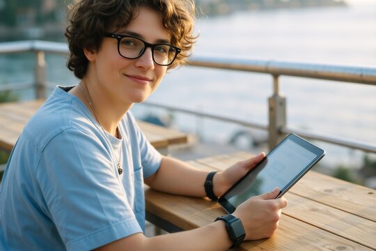 Young student working remotely outdoors with a tablet, embodying the modern digital nomad lifestyle.