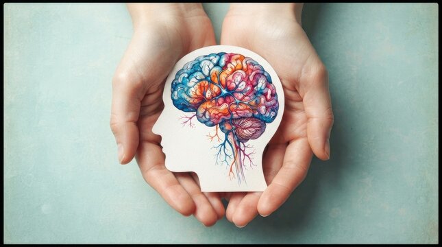 Two hands gently cradle a paper cutout of a human brain. The brain illustration is vividly colored with shades of blue, orange, and red, showcasing its intricate folds and vascular network.