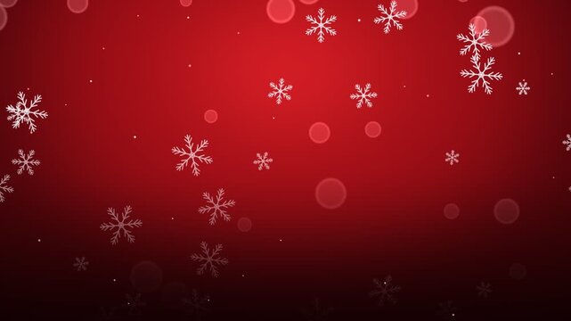 Animated Christmas background featuring white snowflakes and soft bokeh particles falling against a deep red gradient backdrop