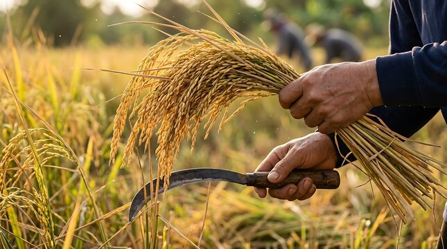 Farmer harvesting golden ripe rice stalks with a traditional sickle tool in a sunlit agricultural field during the autumn crop season