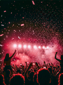 Crowd at night concert with confetti falling and pink stage lights