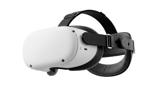 Virtual reality headset with a smooth white plastic visor, black adjustable head straps, and padded facial interface. Photorealistic, front 3/4 view, horizontal orientation, ultra-high-resolution 8K,