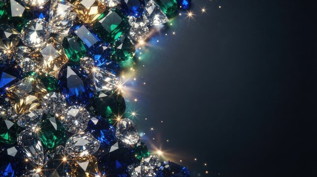 A dazzling array of sparkling gemstones&mdash;diamonds, emeralds, and sapphires&mdash;creates a brilliant, luxurious effect.