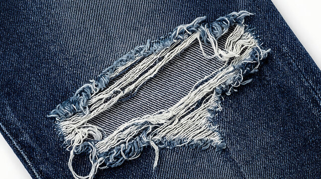 Close-up of distressed ripped denim fabric with frayed edges and torn weaving for fashion design or textile analysis