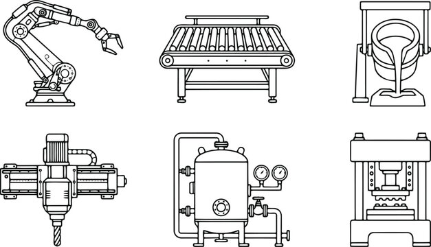 Retro industrial factory equipment vector set with thick outline robotic arm conveyor belt and hydraulic press stickers