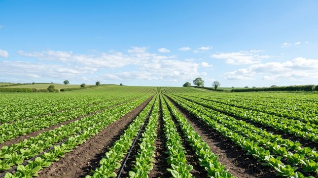 A wide, green field stretches across a rolling landscape under a clear blue sky. Rows of young plants, likely soybeans, are neatly planted in straight lines across the field.
